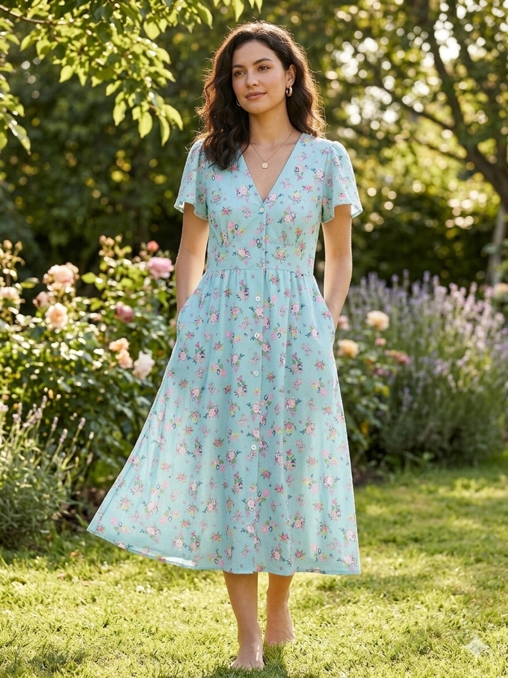 Women's Mint Floral V-Neck Button-Front Midi Dress
